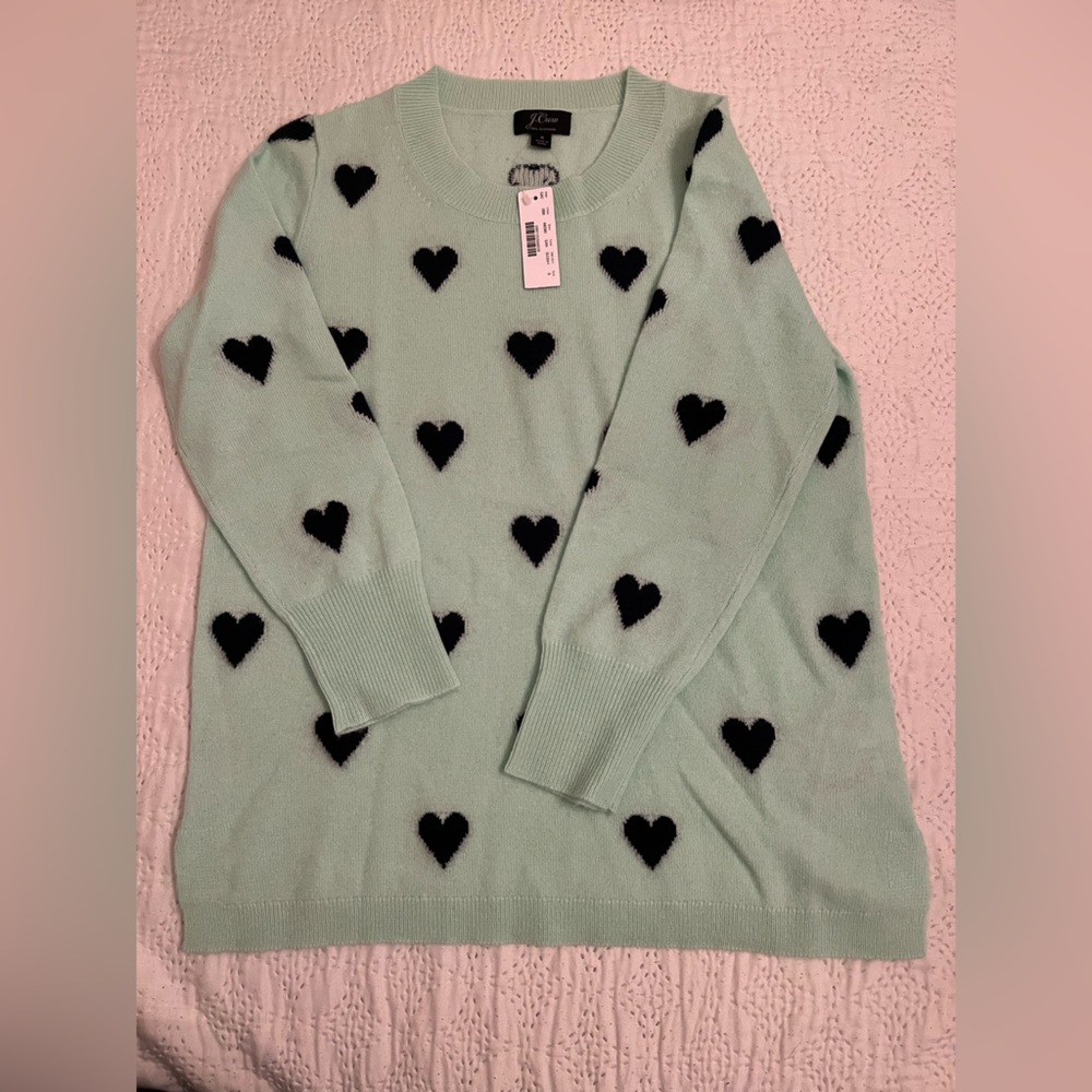 J. Crew Light Green Cashmere Sweater with Dark Heart Accents